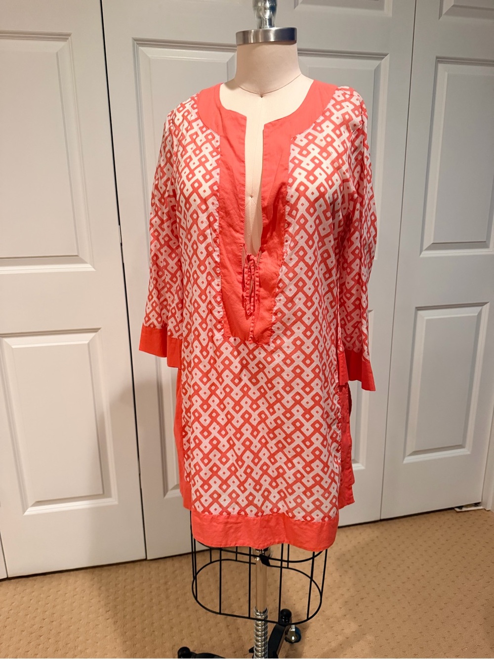 J. Crew Coral and White Geometric Tunic Swim Cover-Up
